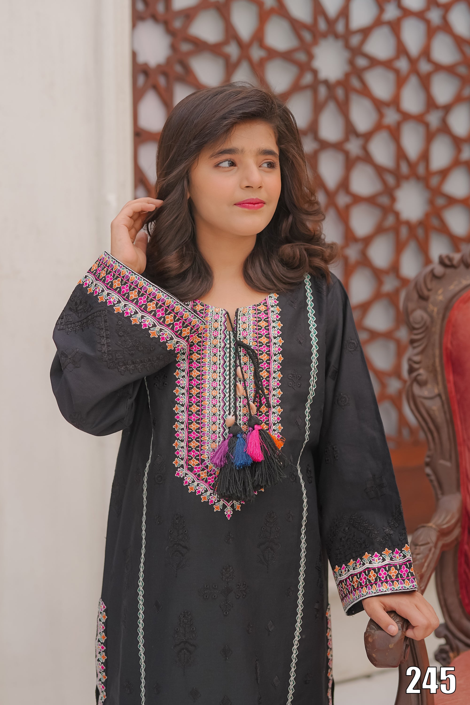 Cute Black Embroidered Kids 2PC Suit with Tassel Detail – Ethnic Festive Wear | Designed By AmeerSons #245 Ameer Sons