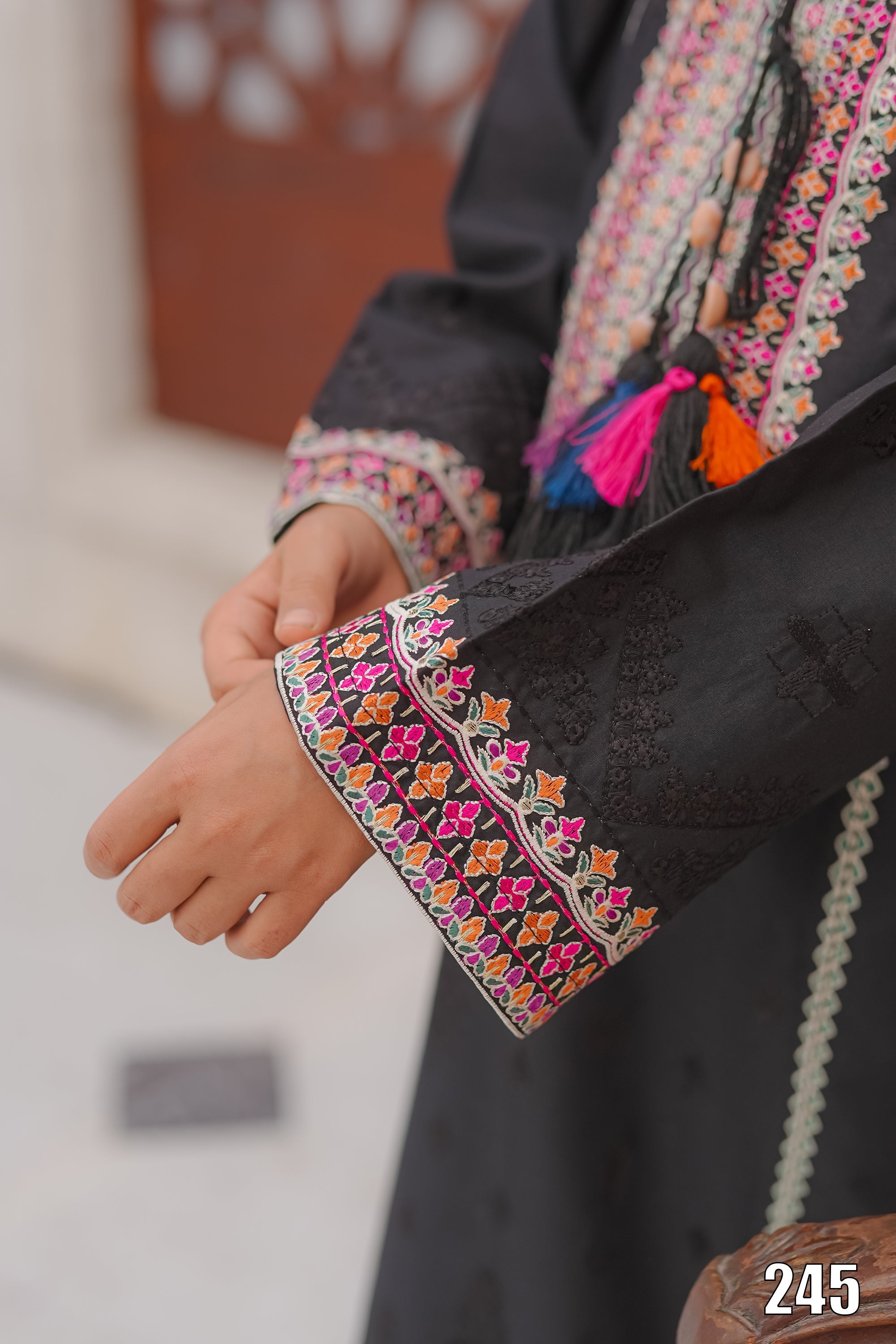 Cute Black Embroidered Kids 2PC Suit with Tassel Detail – Ethnic Festive Wear | Designed By AmeerSons #245 Ameer Sons