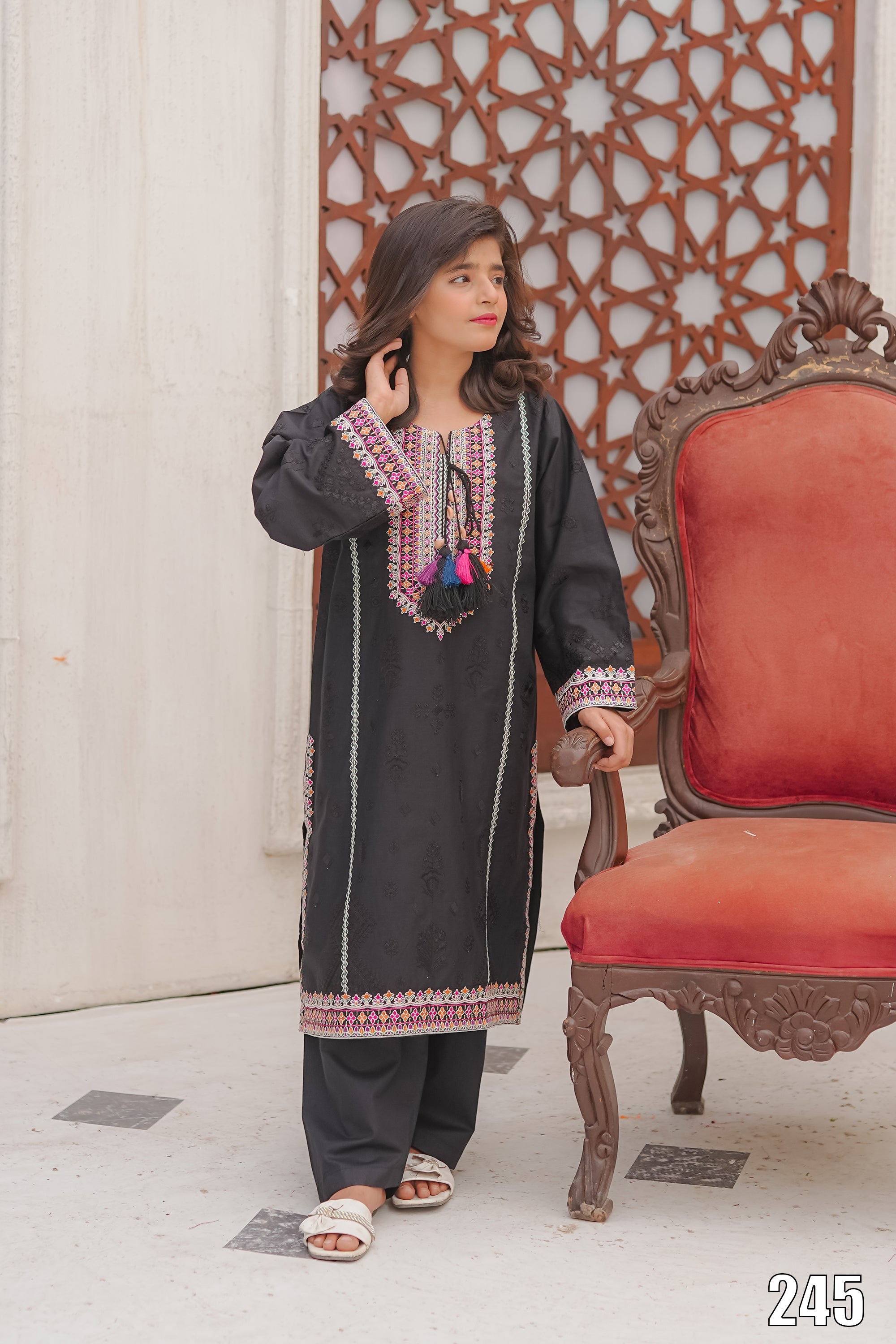 Cute Black Embroidered Kids 2PC Suit with Tassel Detail – Ethnic Festive Wear | Designed By AmeerSons #245 Ameer Sons