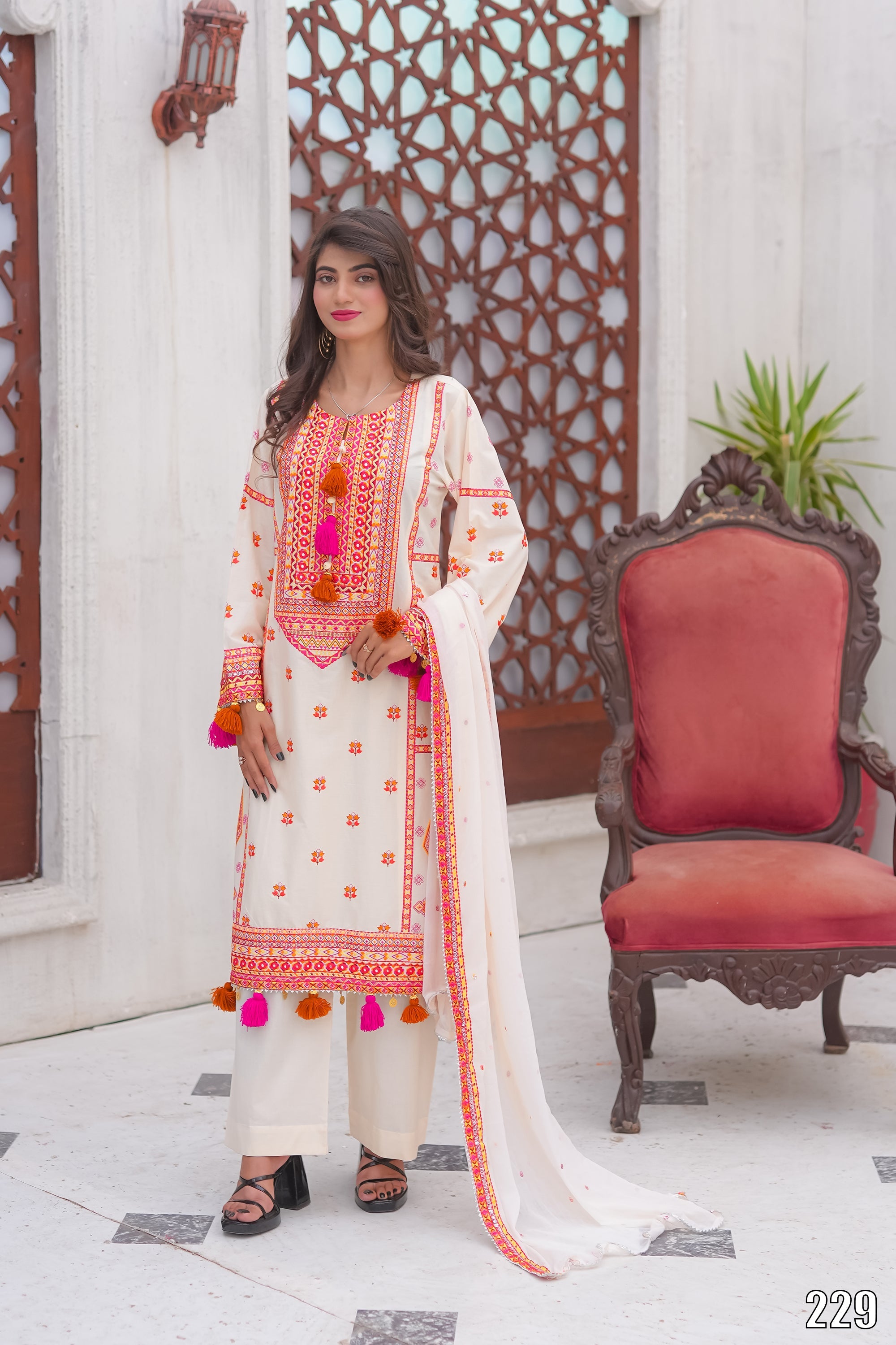 Elegant Embroidered 3PC Lawn Suit with Tassel Details – Festive Collection | Desined By AmeerSons #229 Ameer Sons