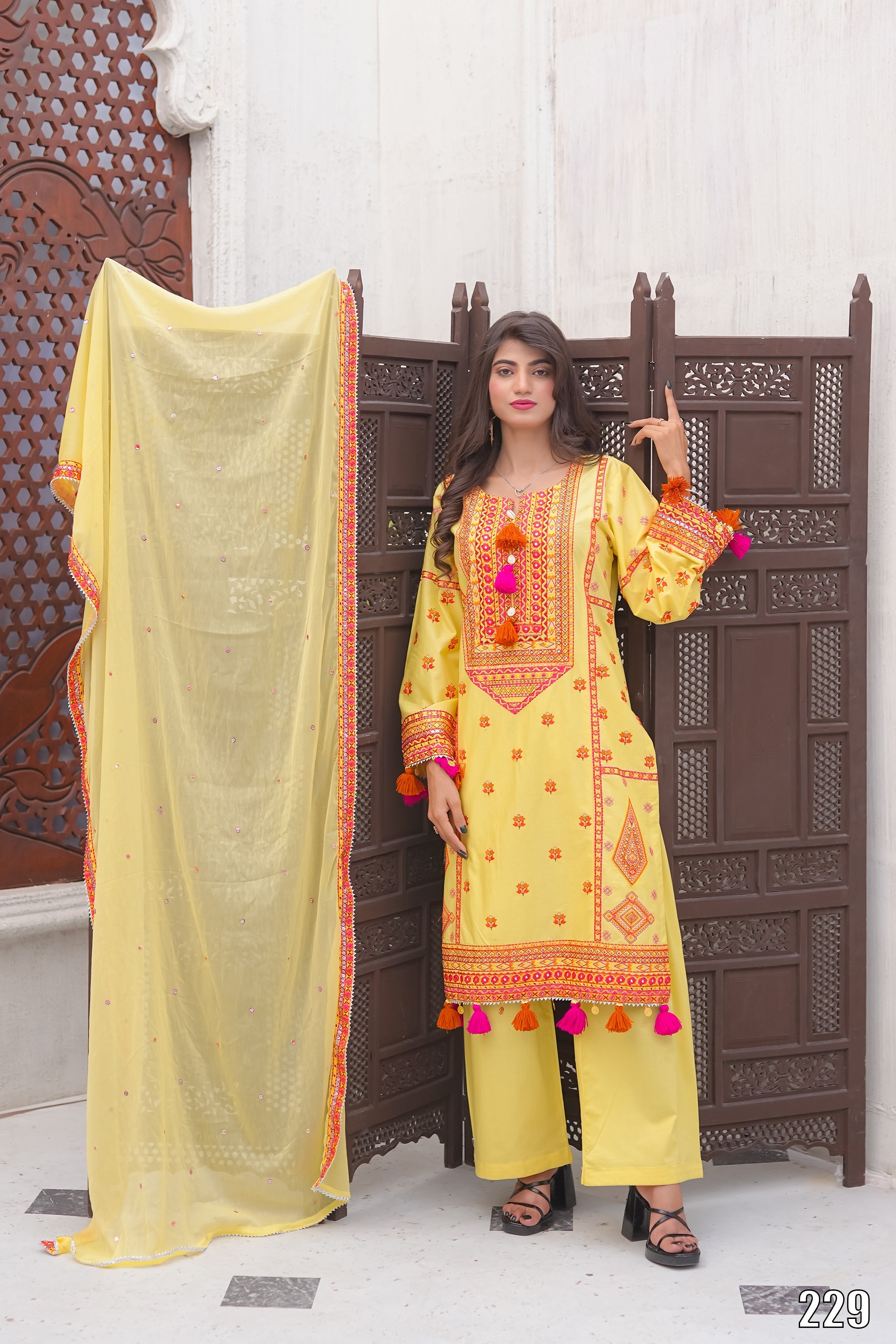 Elegant Embroidered 3PC Lawn Suit with Tassel Details – Festive Collection | Desined By AmeerSons #229 Ameer Sons