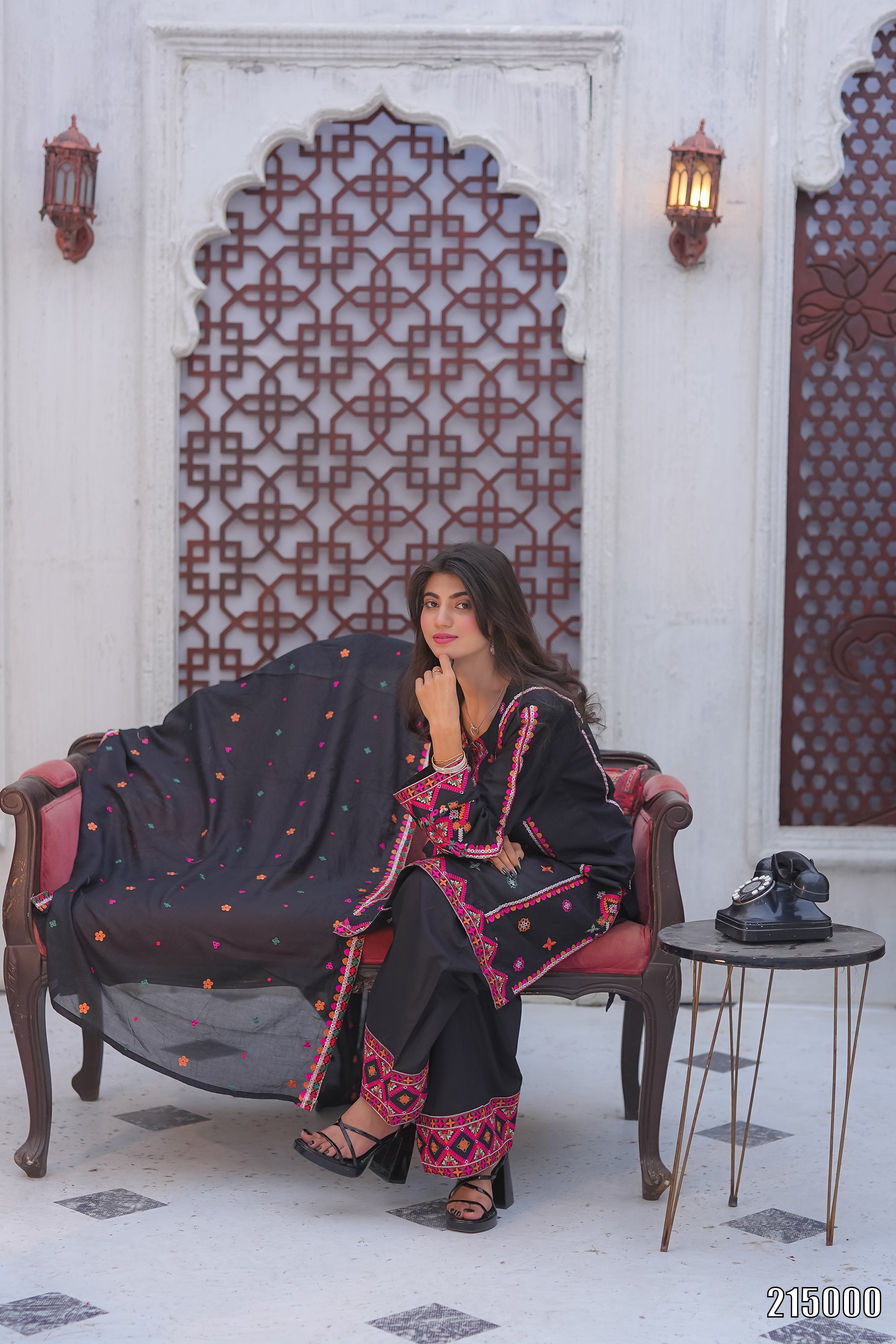 Elegant Black Embroidered 3PC Suit with Multicolor Detailing – Premium Festive Wear | Designed By AmeerSons #215000 Ameer Sons
