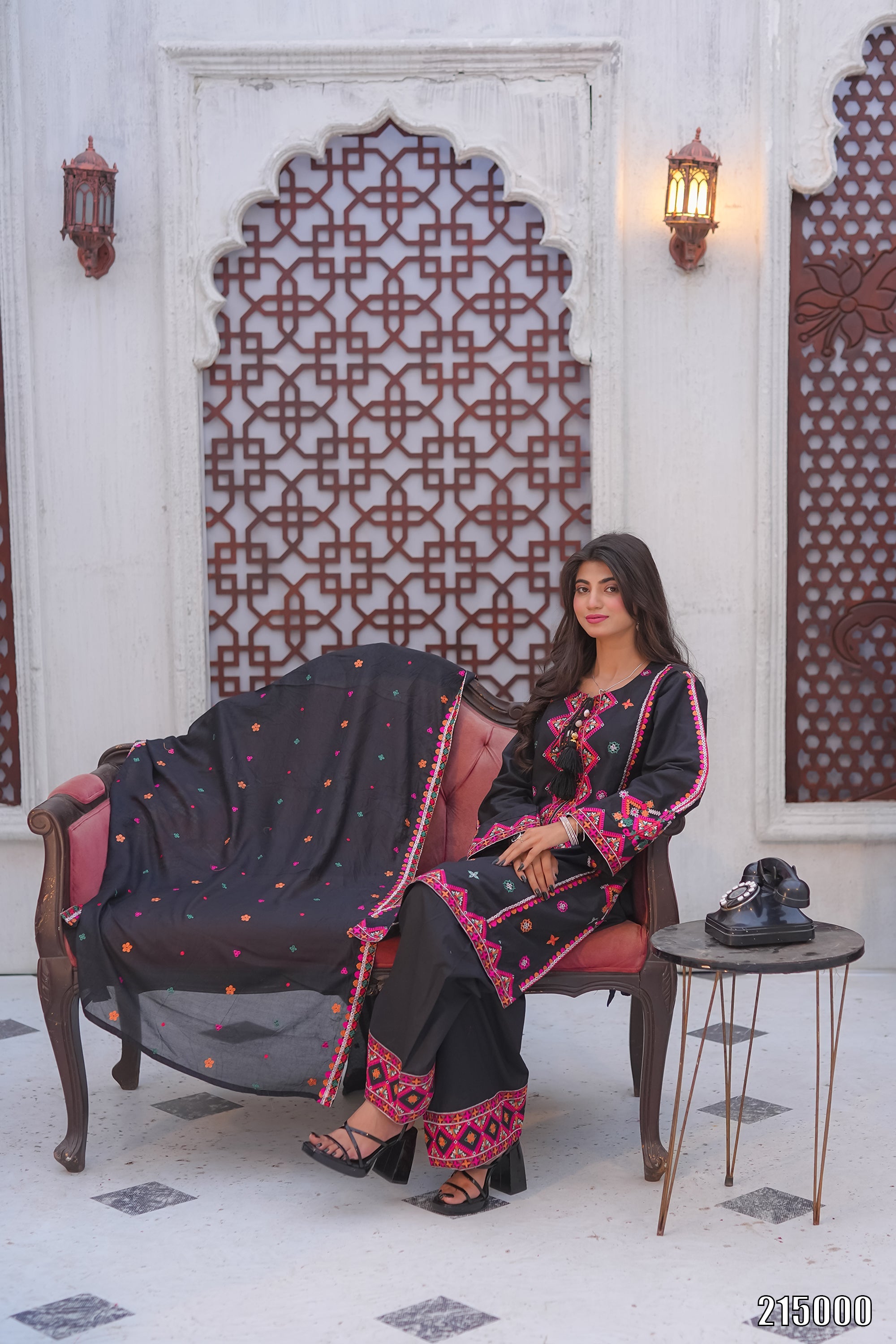 Elegant Black Embroidered 3PC Suit with Multicolor Detailing – Premium Festive Wear | Designed By AmeerSons #215000 Ameer Sons
