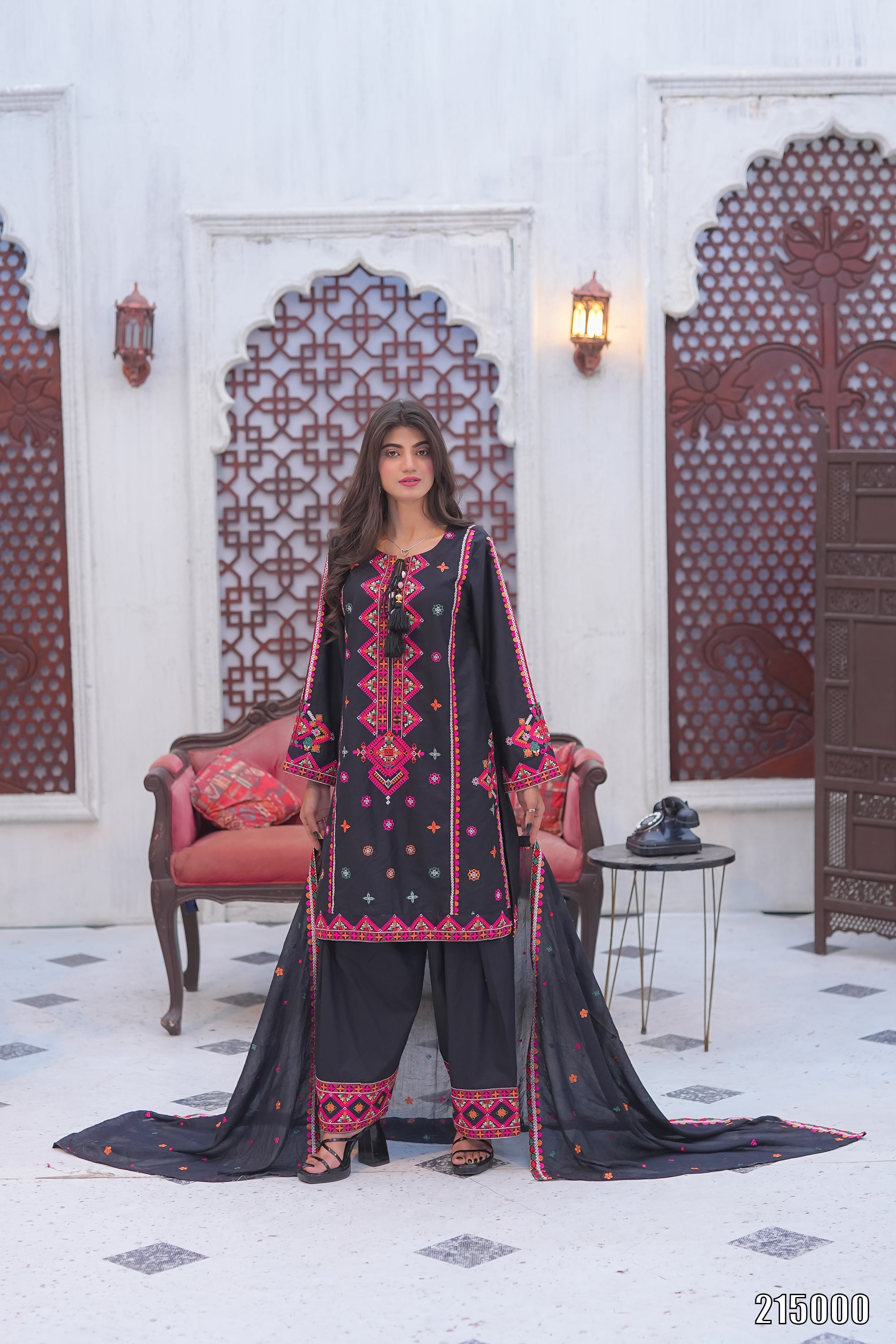 Elegant Black Embroidered 3PC Suit with Multicolor Detailing – Premium Festive Wear | Designed By AmeerSons #215000 Ameer Sons