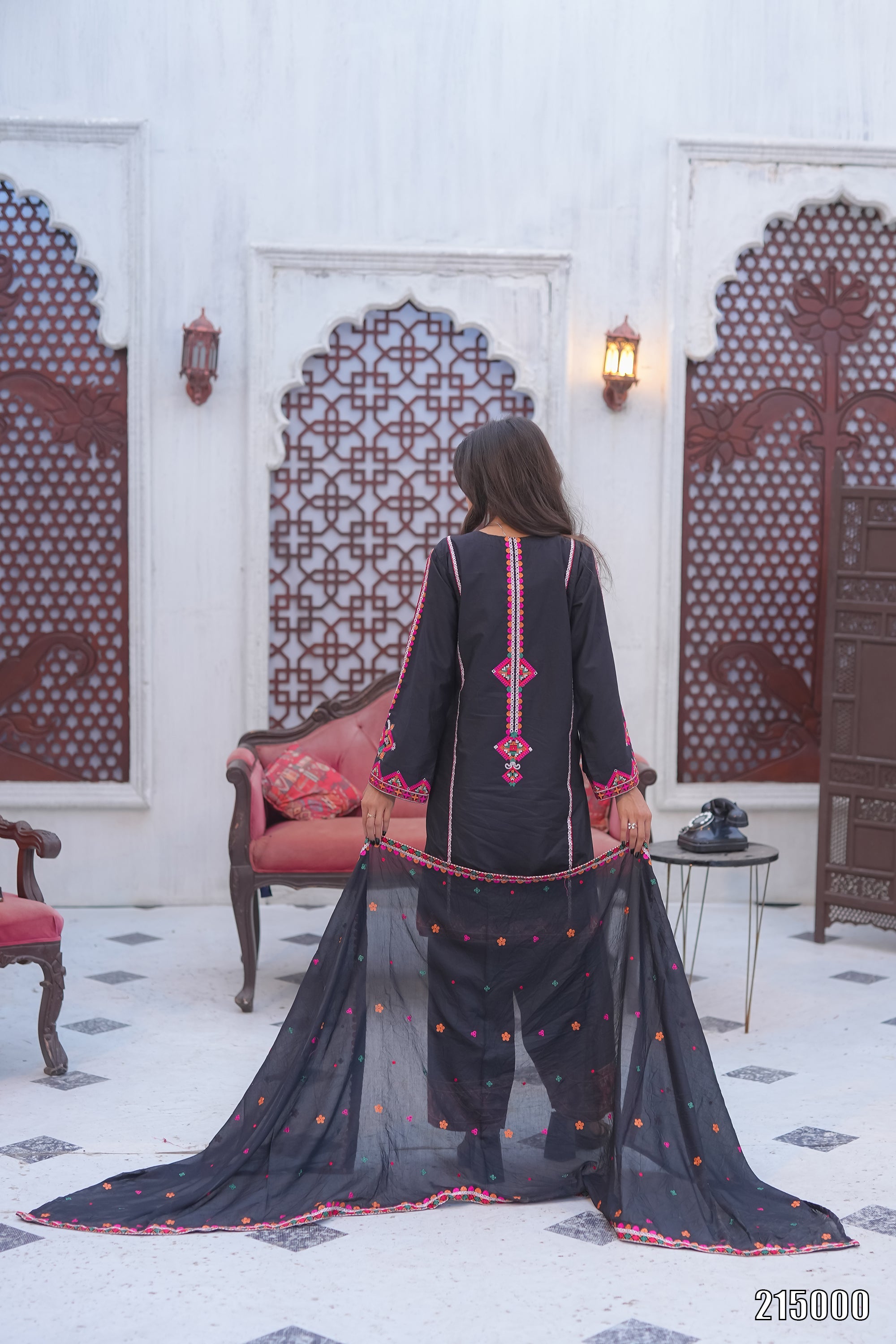 Elegant Black Embroidered 3PC Suit with Multicolor Detailing – Premium Festive Wear | Designed By AmeerSons #215000 Ameer Sons
