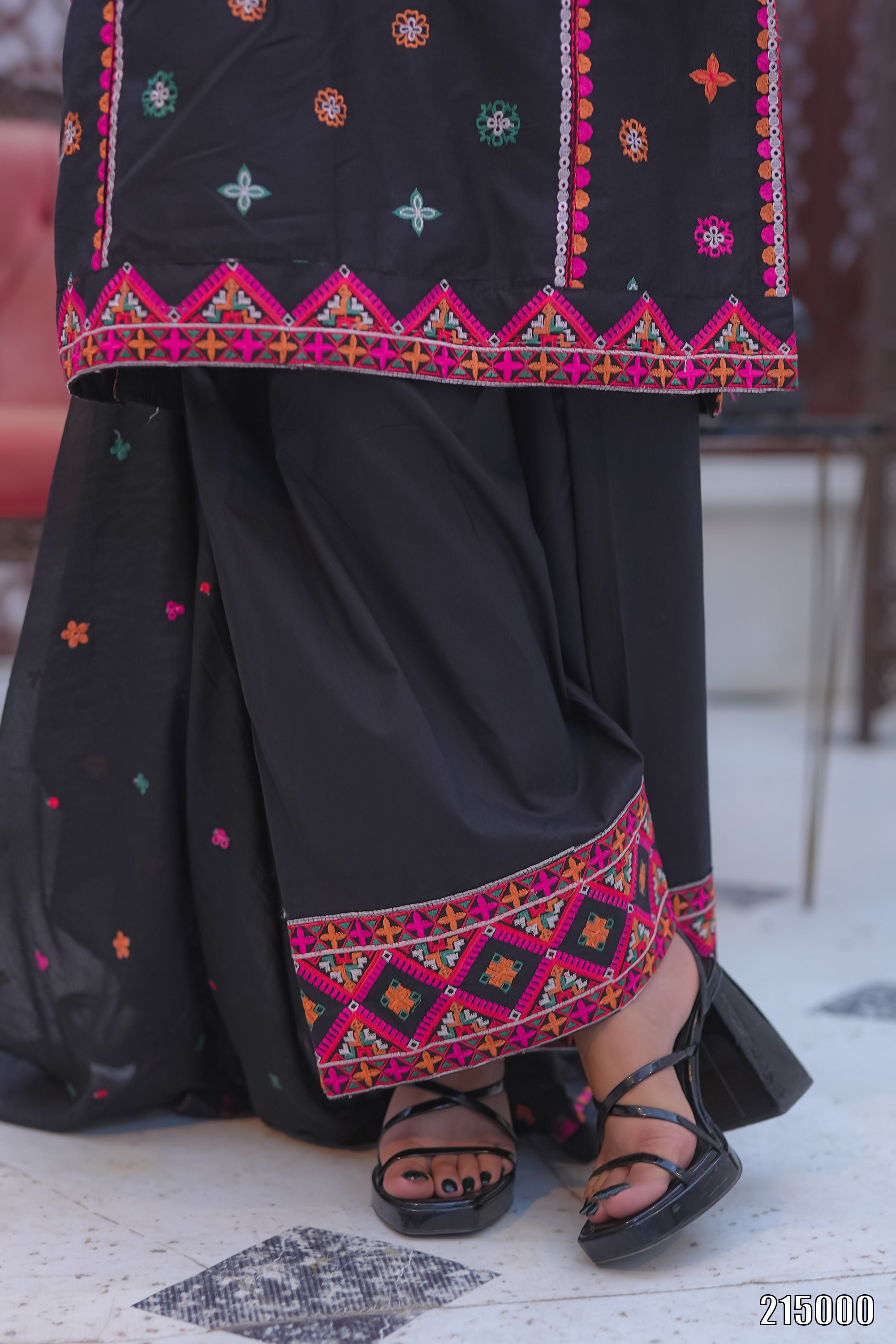 Elegant Black Embroidered 3PC Suit with Multicolor Detailing – Premium Festive Wear | Designed By AmeerSons #215000 Ameer Sons