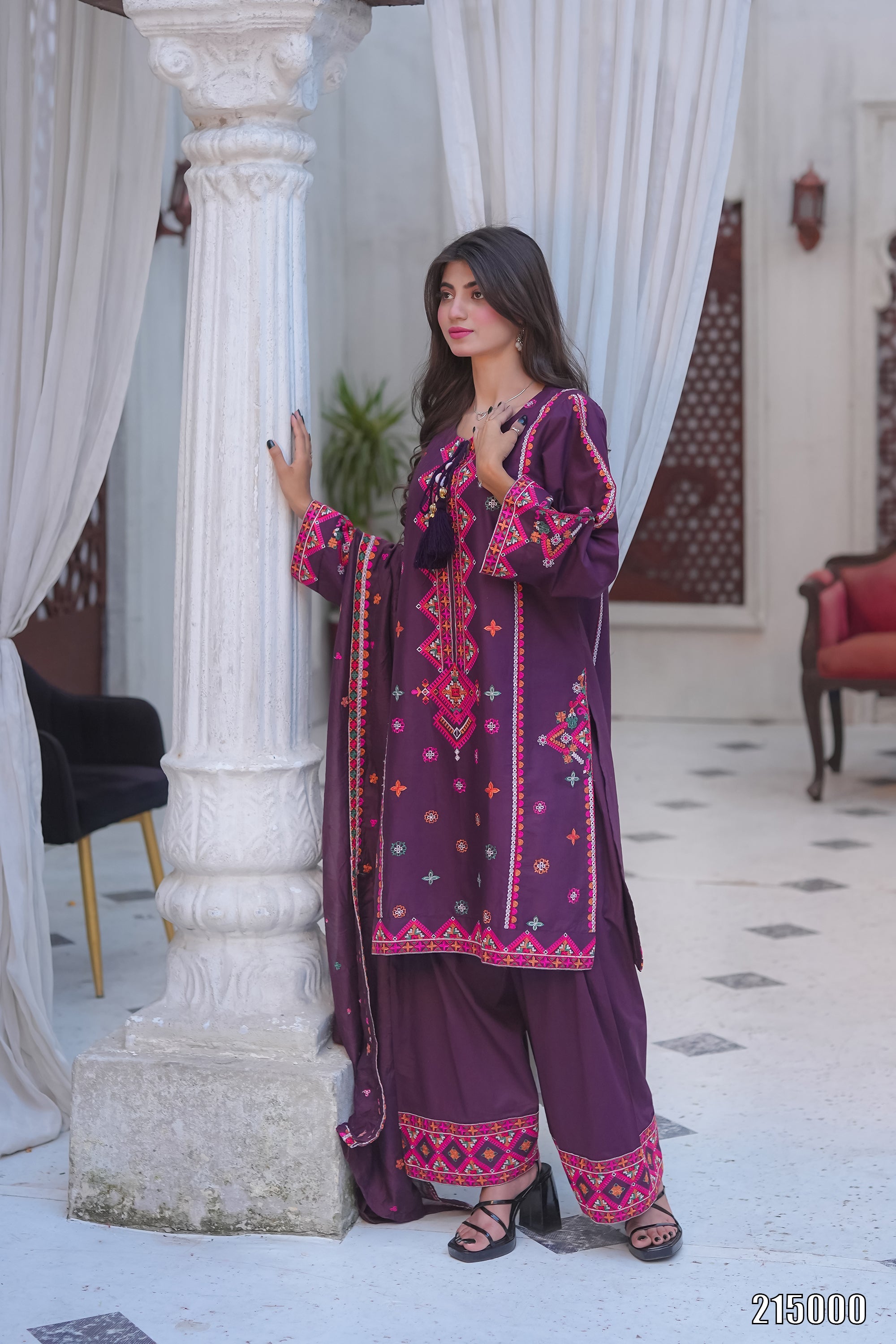 Elegant Black Embroidered 3PC Suit with Multicolor Detailing – Premium Festive Wear | Designed By AmeerSons #215000 Ameer Sons