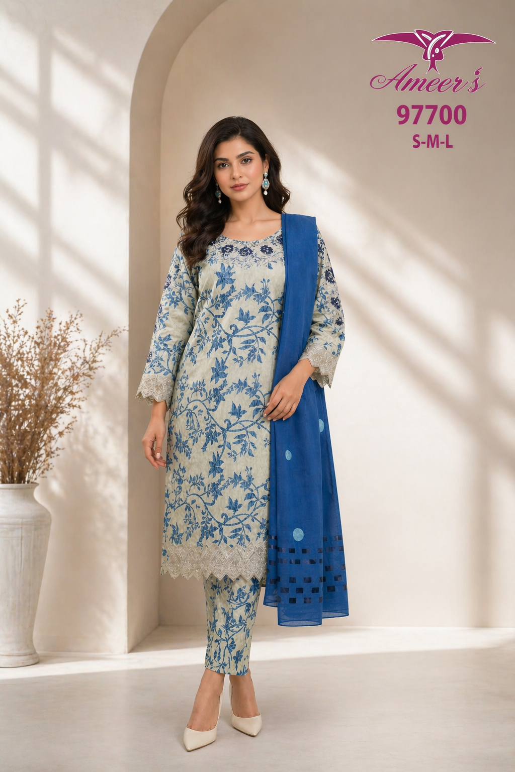 Elegant Blue Floral 2-Piece Cotton Suit with Dupatta | Designed By AmeerSons ART# 97700 Ameer Sons