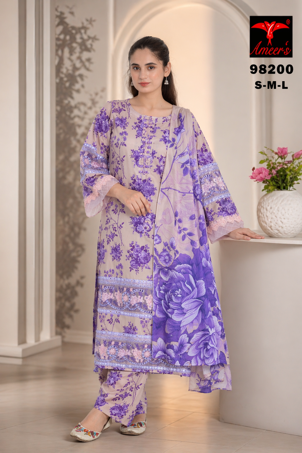 Graceful Blue Printed 3-Piece Lawn Suit with Dupatta | Desined By AmeerSons ART# 98200 Ameer Sons