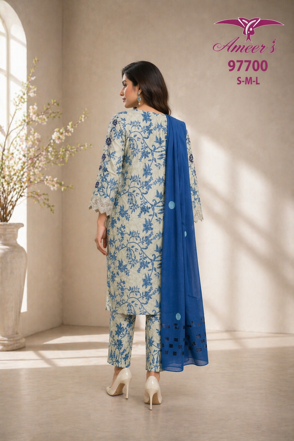 Elegant Blue Floral 2-Piece Cotton Suit with Dupatta | Designed By AmeerSons ART# 97700 Ameer Sons