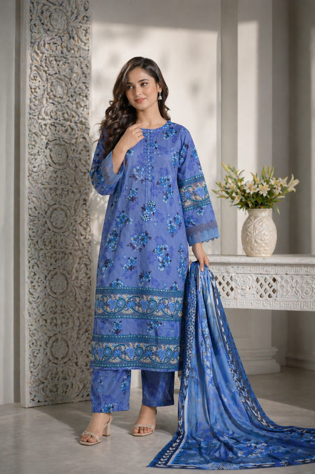 Graceful Blue Printed 3-Piece Lawn Suit with Dupatta | Desined By AmeerSons ART# 98200 Ameer Sons
